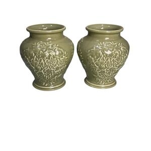 Longaberger Pottery‎ 5 1/2 Inch Sage Green Blossom Set Of 2 Vases Retired
